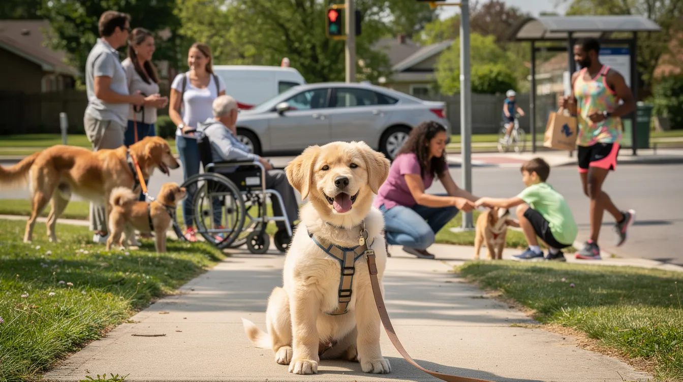 The image depicts a new puppy engaging in socialization activities, surrounded by other dogs and various stimuli like children playing and plastic bags rustling. The scene emphasizes relaxed body language and positive interactions, showcasing the importance of exposing the pup to new experiences in a calm environment for healthy behavioral development.
