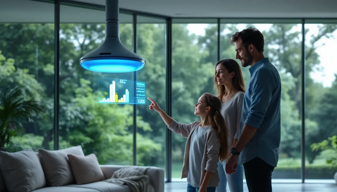 A family using an air quality monitor to ensure a healthy indoor environment.