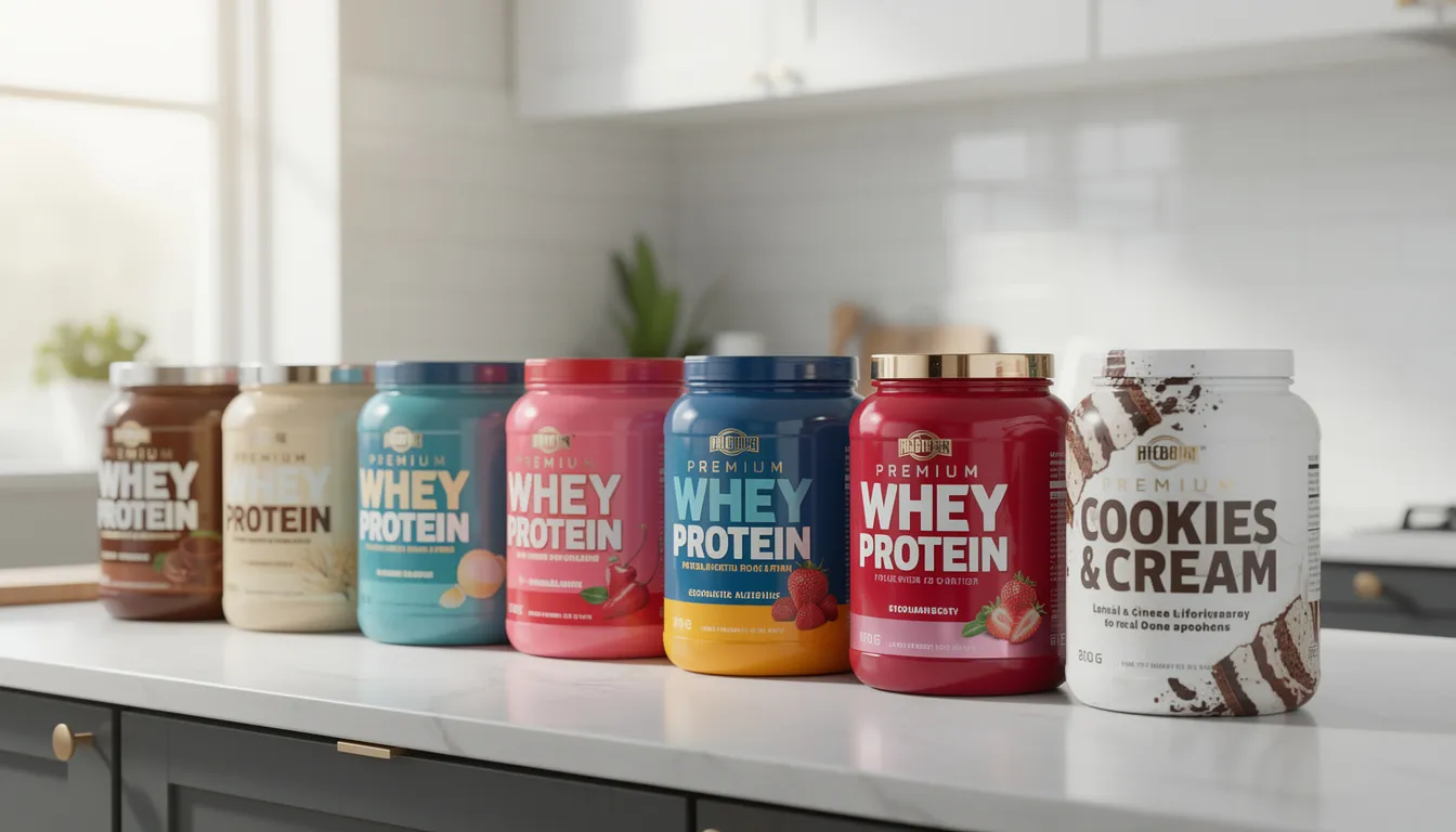 An array of colorful protein powder containers featuring various flavors, such as key lime pie and chocolate mint cookie, is neatly lined up on a kitchen counter, showcasing premium sourced whey protein options for muscle growth and recovery. These dietary supplements, including 1st Phorm Phormula 1, emphasize high-quality protein intake for fitness enthusiasts.