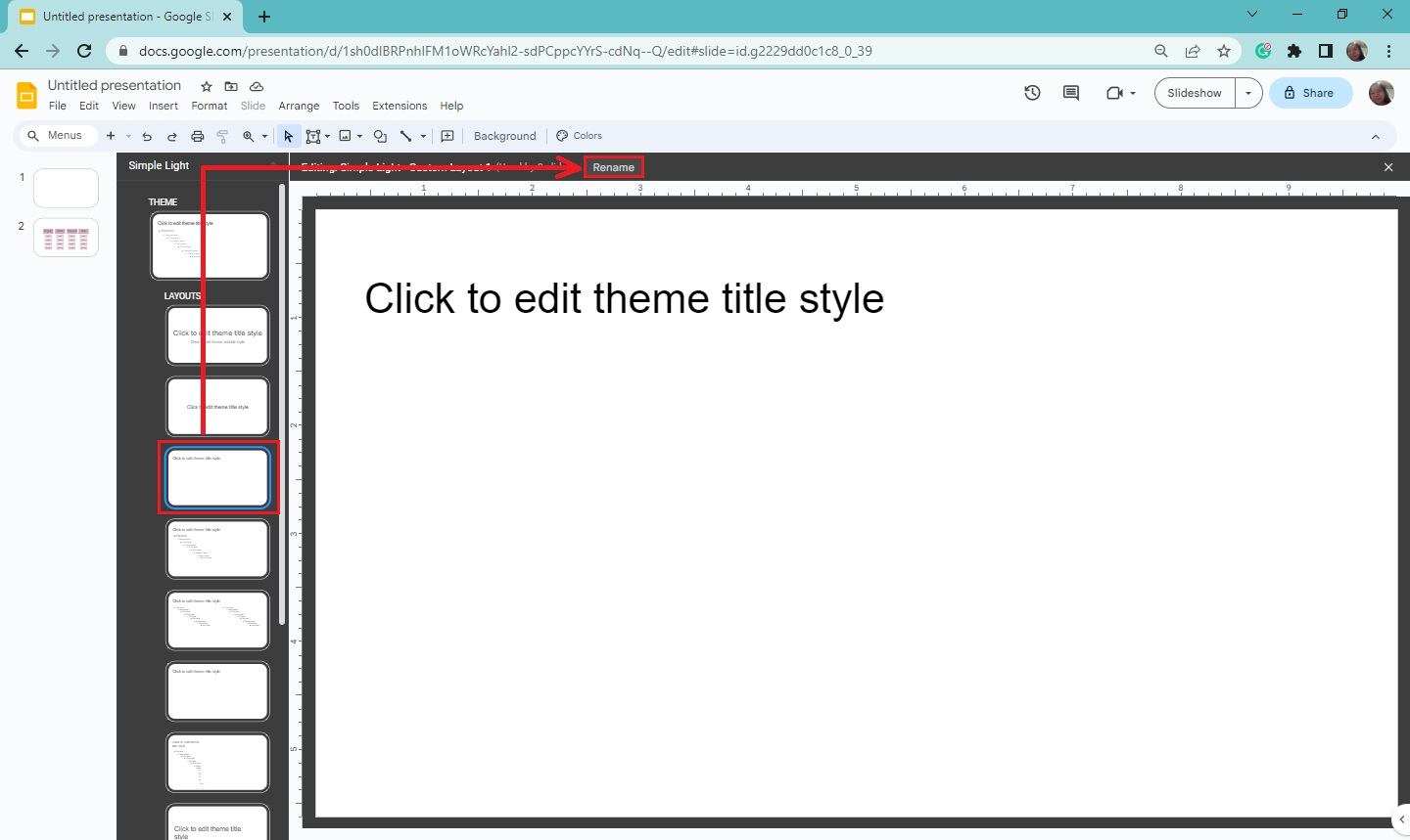 Create a new layout and select "rename" at the toolbar section of your theme builder.