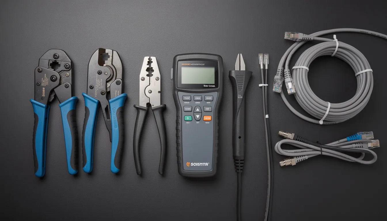The image showcases a collection of professional cable installation tools, including crimpers, testers, and cable strippers, essential for data cabling and network setup. These tools are vital for ensuring proper installation and maintenance of power cables and connections in various settings, such as offices and homes.