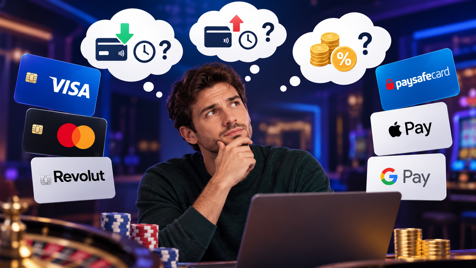 Person som jämför insättningstider, uttagstider och avgifter för kortbetalningar på casino.