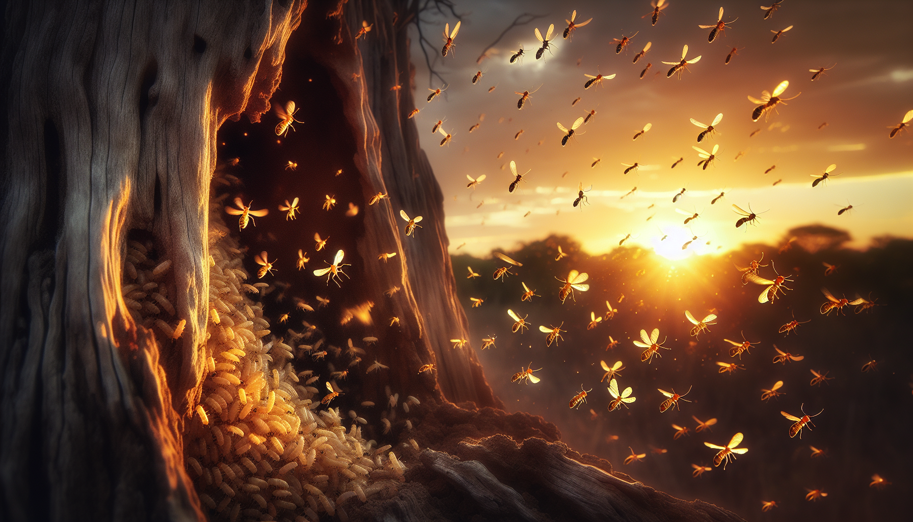 Illustration of termite swarmers leaving their nest