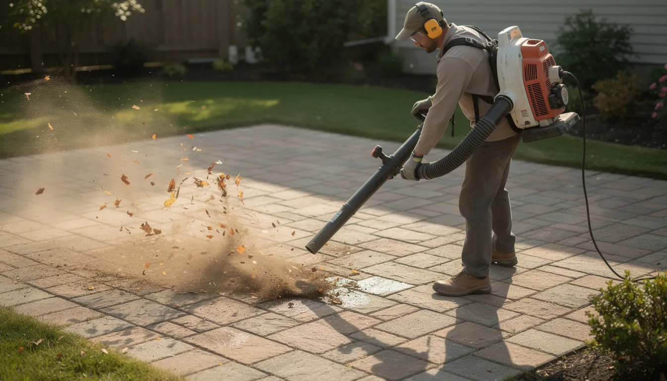 A person is using a leaf blower to clear debris from a paver patio surface in an outdoor living space, showcasing the hardscape elements that enhance the visual appeal and functionality of the area. The scene highlights the importance of maintenance in hardscaping design, ensuring the patio remains clean and inviting.