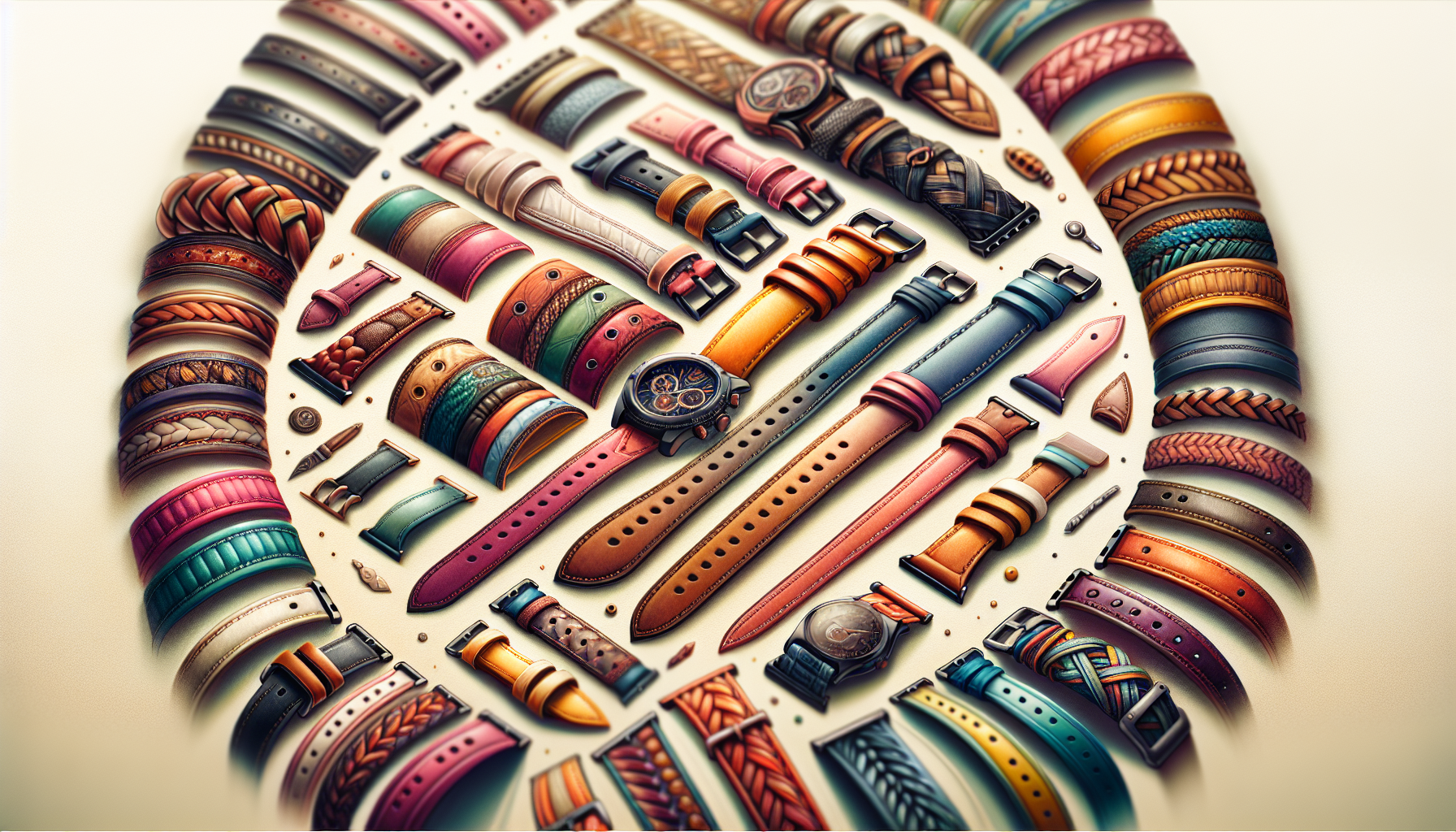 A collection of unique watch bands displayed creatively.