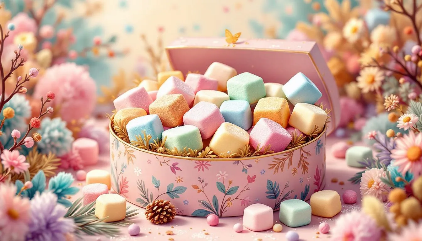 An assortment of gourmet marshmallows in a decorative box, showcasing sweet flavors.