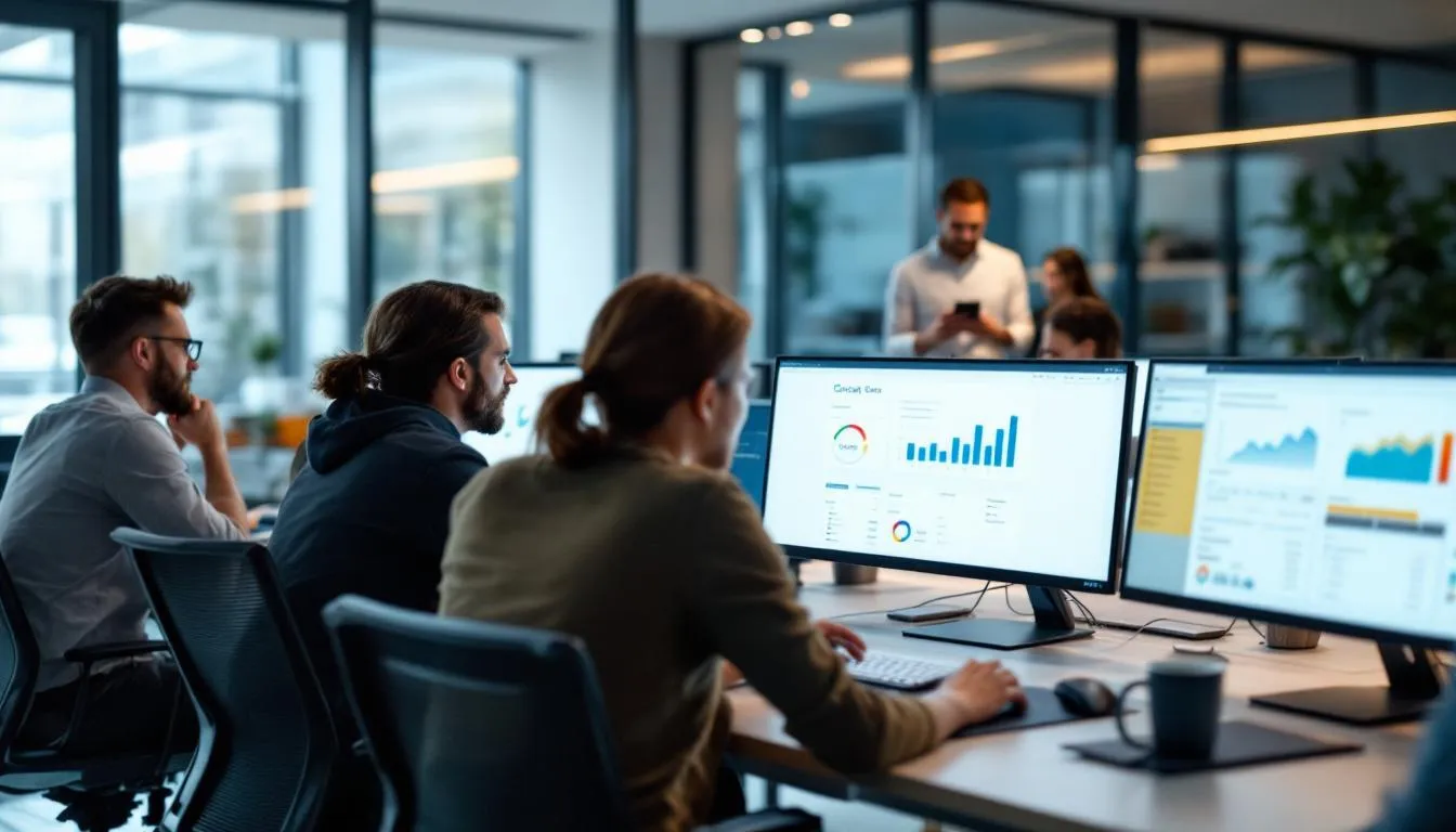 The image depicts a dynamic team in London, representing a leading digital marketing agency, collaborating to create innovative marketing strategies that empower their partners. Their focus on data analytics and creative campaigns helps drive growth and deliver measurable results for clients in a competitive landscape.