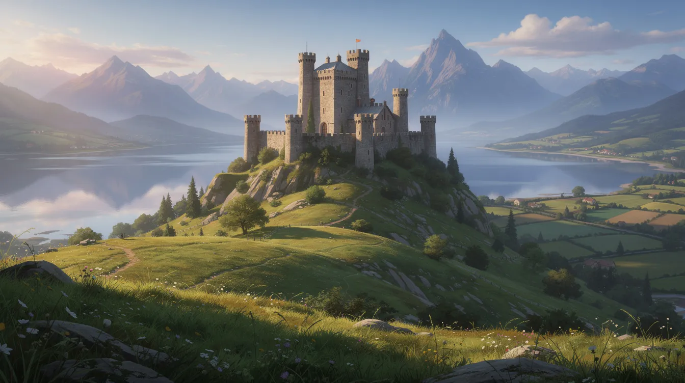 A imagem mostra um majestoso castelo medieval no topo de uma colina verde, cercado por um lago sereno ao fundo e montanhas ao horizonte, evocando a rica história da Polônia. Este cenário remete à beleza dos castelos, como o Castelo de Wawel, que é um dos principais pontos turísticos da cidade de Cracóvia.