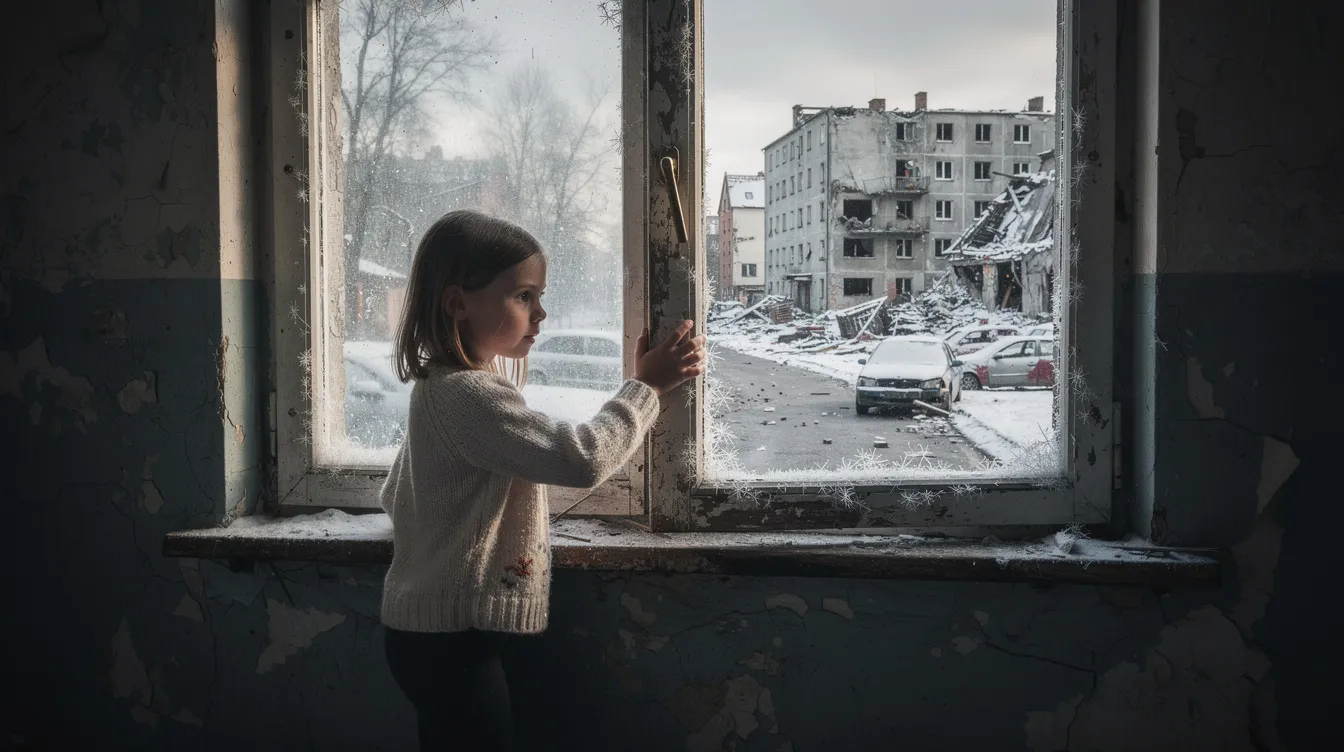 Na obrazie widzimy małą dziewczynkę, która z ciekawością patrzy przez zakurzone okno starego budynku. Za oknem rozciąga się widok na zniszczoną ulicę miasta w zimowej scenerii, co może przypominać trudne czasy, takie jak II wojna światowa, kiedy to rodzina musiała walczyć o przetrwanie.