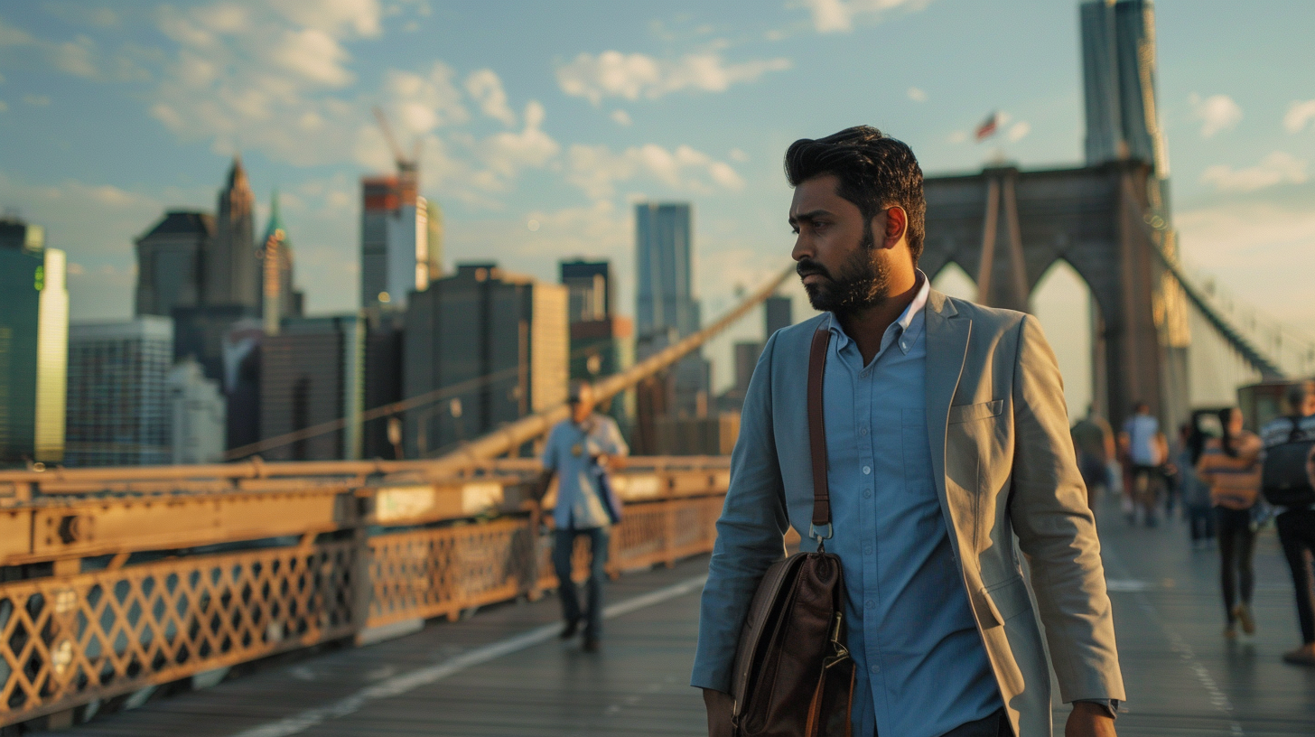 South Asian professional man walking home across the Brooklyn Bridge on a summer evening reflecting on relationship patterns