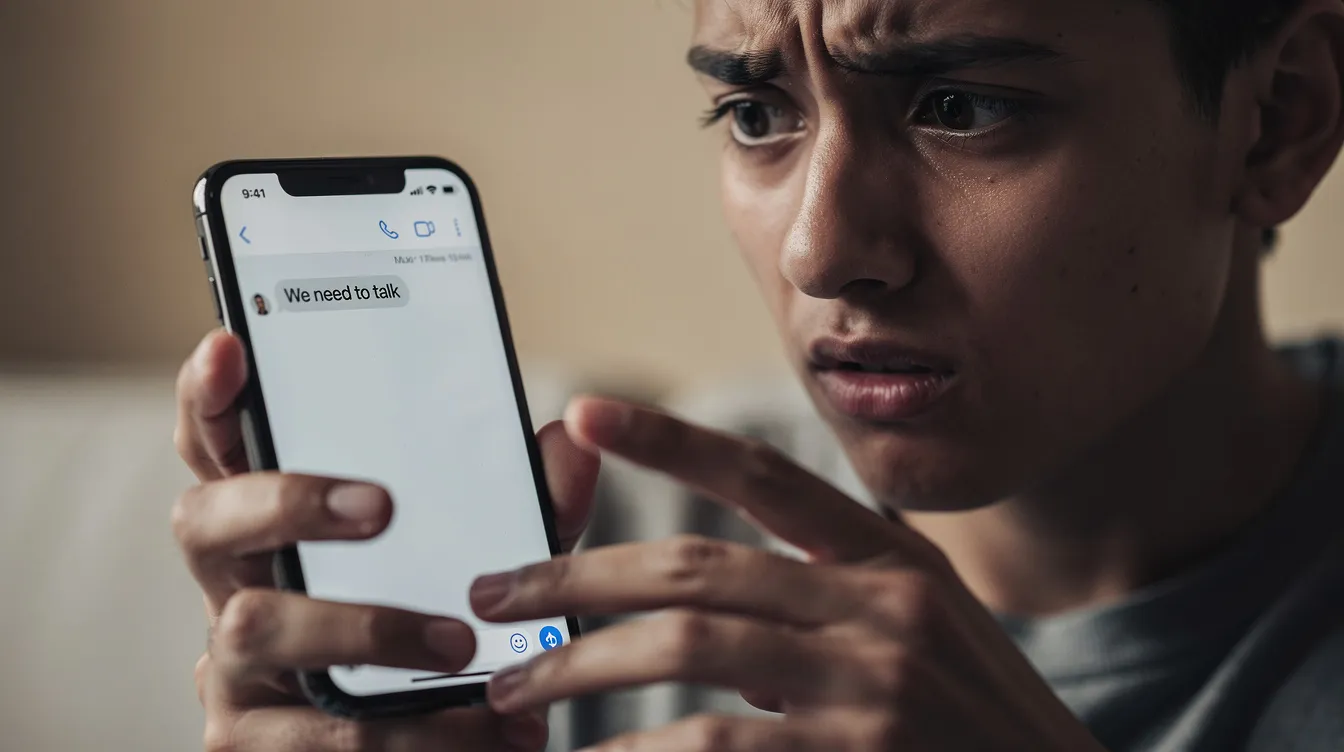 A person is holding a smartphone with a concerned expression, intently looking at a chat message on the screen, which may be related to a potential scam or borrowing money. The image conveys a sense of urgency and caution, highlighting the importance of being aware of phishing attempts and protecting one's WhatsApp account.