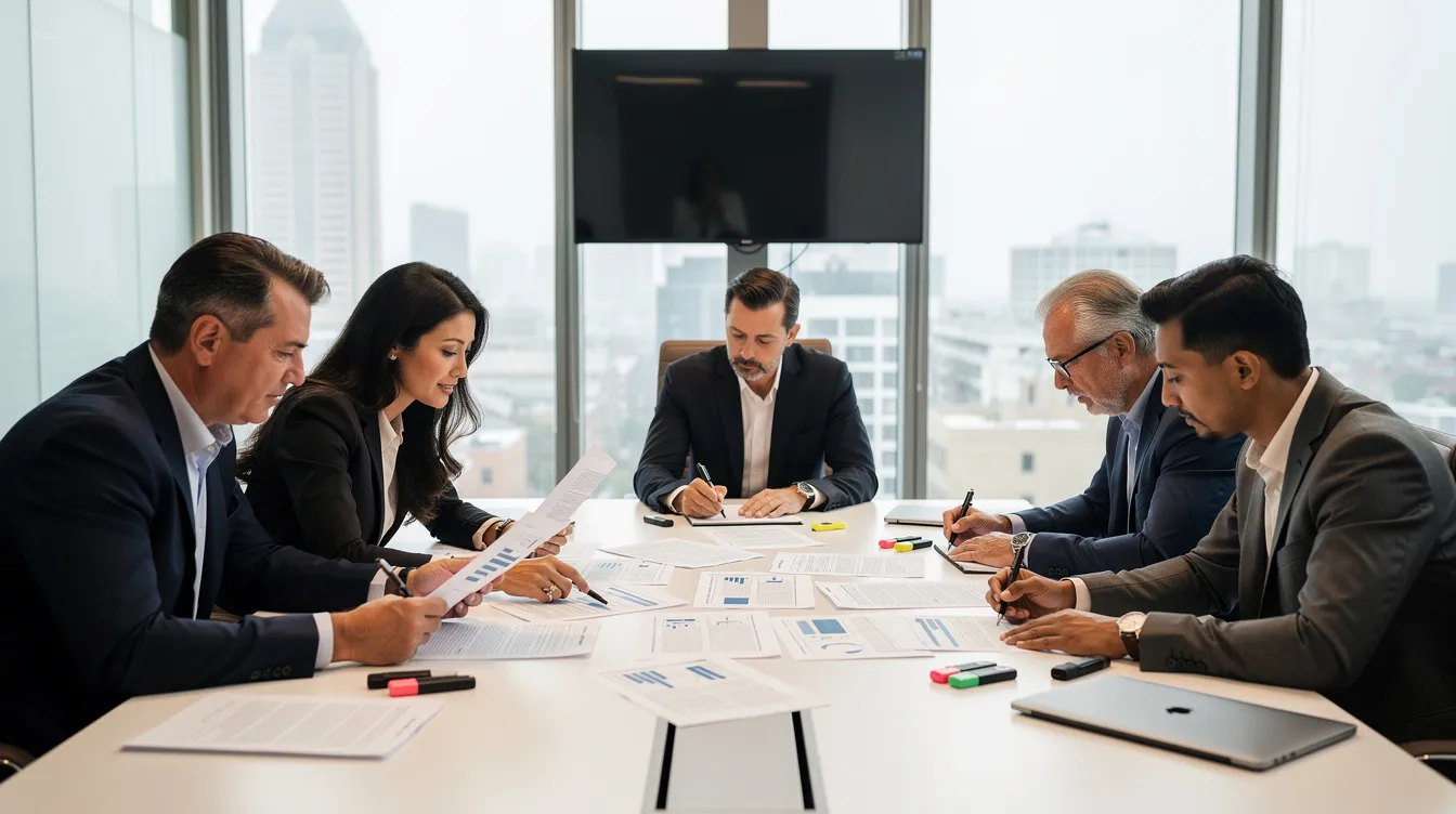 A diverse group of professionals, including veteran entrepreneurs, is gathered around a conference table, reviewing documents and discussing business plans. Their collaboration highlights the importance of networking and support for veteran-owned small businesses in navigating federal contracting opportunities and securing small business loans.