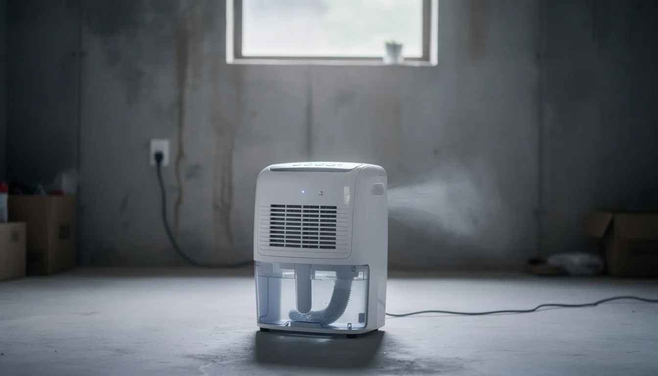 The image shows a portable dehumidifier operating in a basement room with concrete walls, effectively reducing excess moisture to prevent mold growth. This device helps maintain optimal humidity levels, crucial for discouraging mold colonies and ensuring a healthier indoor environment.