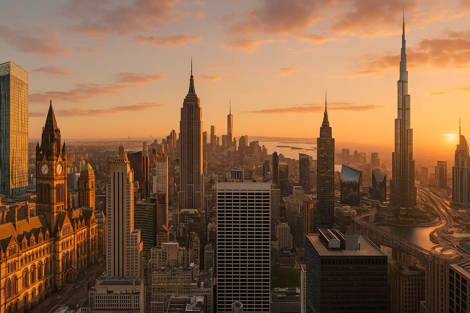 Manchester, New York, and Dubai skylines blended together to represent growth from local to international SEO.