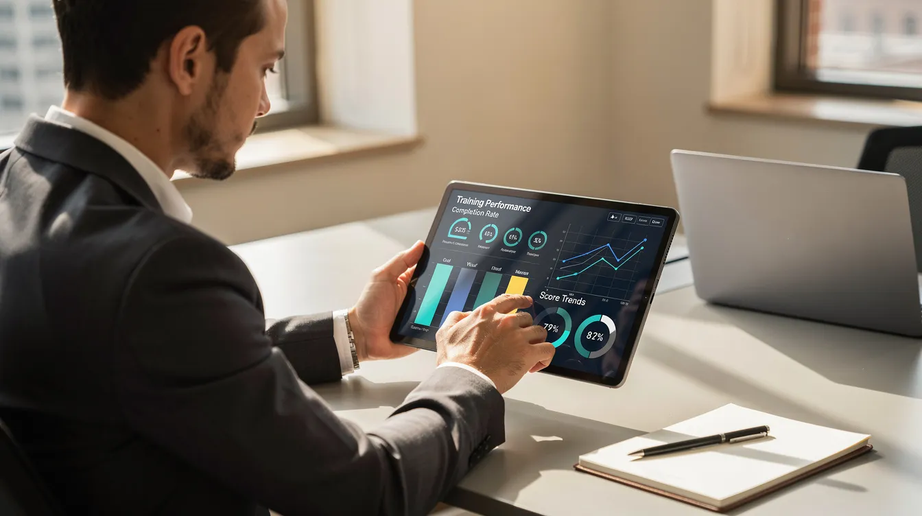 A professional is seated at a desk, intently reviewing training performance data displayed on a tablet. This scene highlights the importance of instructional design consulting, as the individual analyzes learning analytics to identify performance gaps and align training materials with intended learning outcomes.