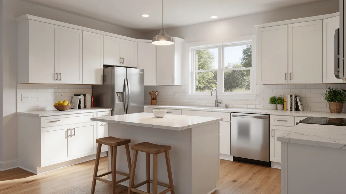 The image shows a bright, modern kitchen featuring white cabinets and a sleek quartz countertop, typical of renovations that increase a home