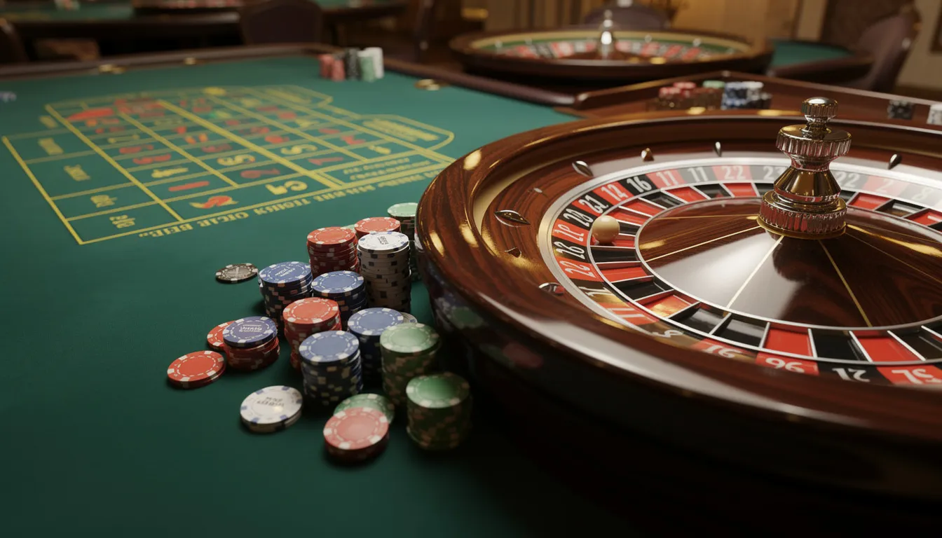 En bild av ett rouletthjul på ett grönt spelbord, omgiven av färgglada marker. Detta spel representerar spänningen hos Paf, där spelare kan njuta av live casino och olika spelalternativ.