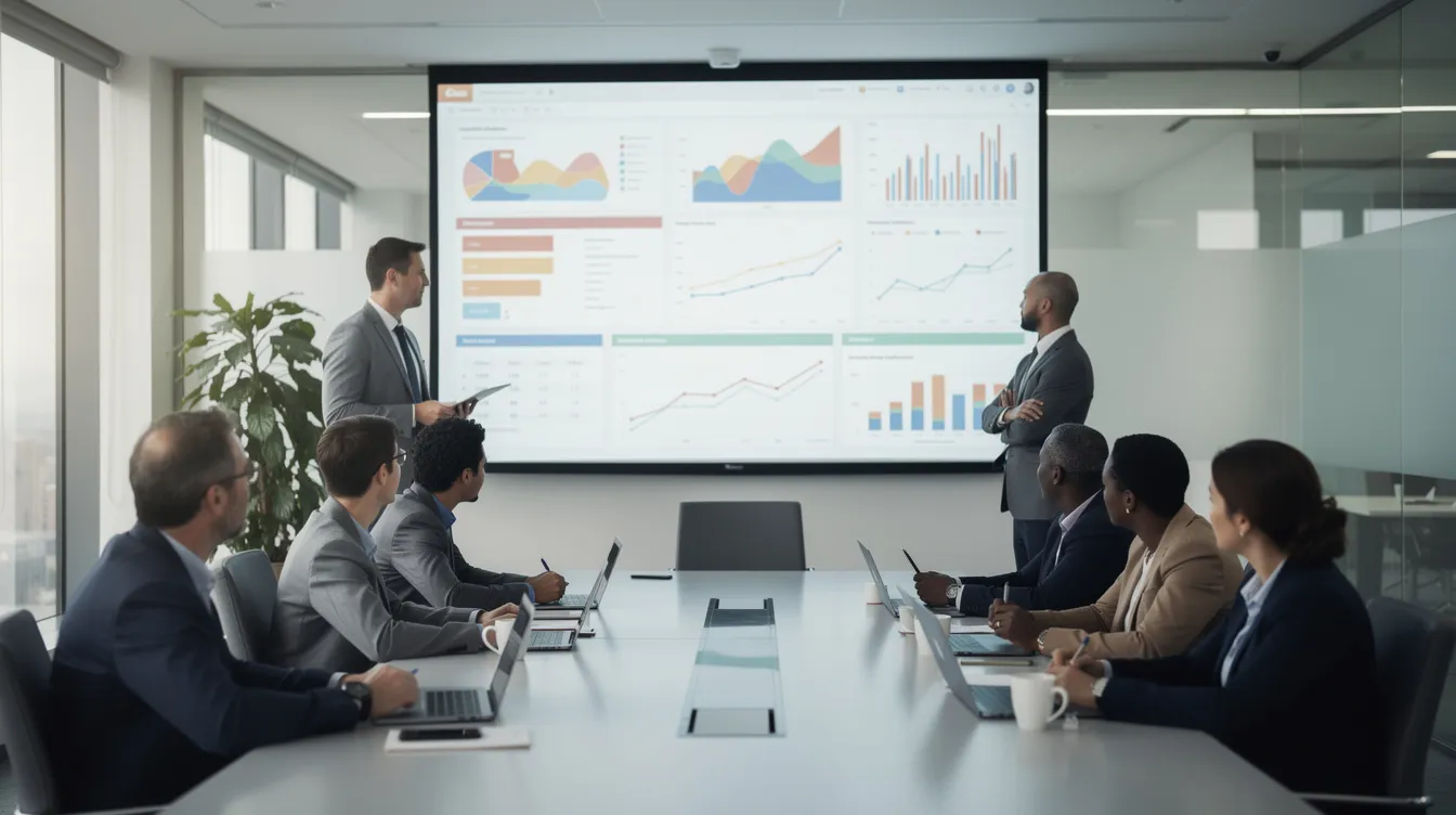 Professionals in a meeting analyzing trend charts on a large screen.