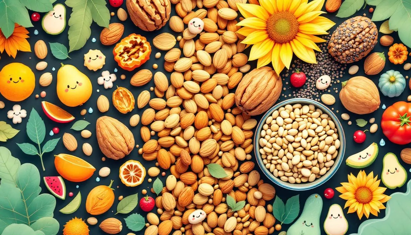 A variety of nuts and seeds displayed as nutritious snacks for healthy eating.