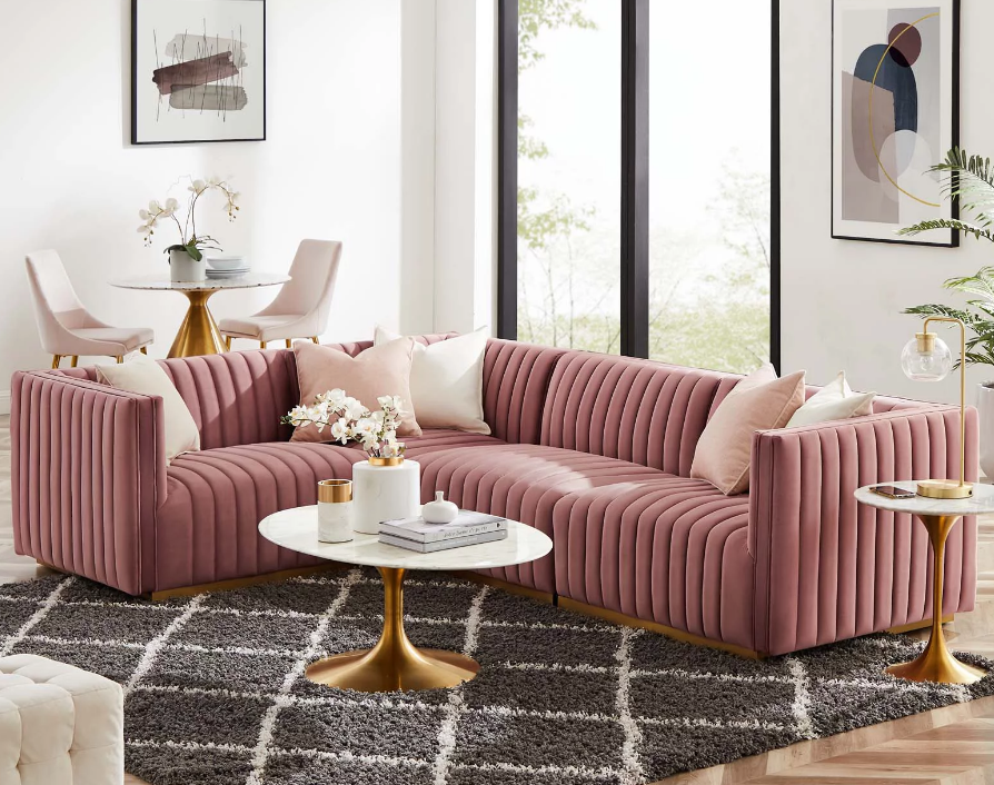 unique pink velvet couch with clean lines