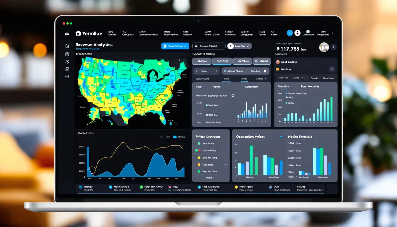 The image shows a modern hotel revenue management system interface, featuring real-time pricing analytics, occupancy forecasts, and key performance indicators, aimed at helping revenue managers optimize pricing strategies and maximize hotel revenue in a competitive market. The dashboard displays dynamic pricing options and data analysis tools that support effective revenue management practices in the hospitality industry.