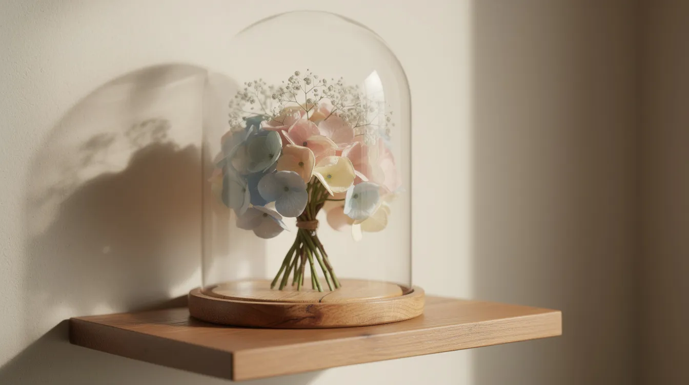 Een glazen stolp staat op een houten wandplank en bevat een prachtig arrangement van hortensia's en gipskruid, wat de schoonheid van verschillende droogbloemen benadrukt. De warme kleuren van de bloemen voegen een natuurlijke decoratie toe aan het interieur.