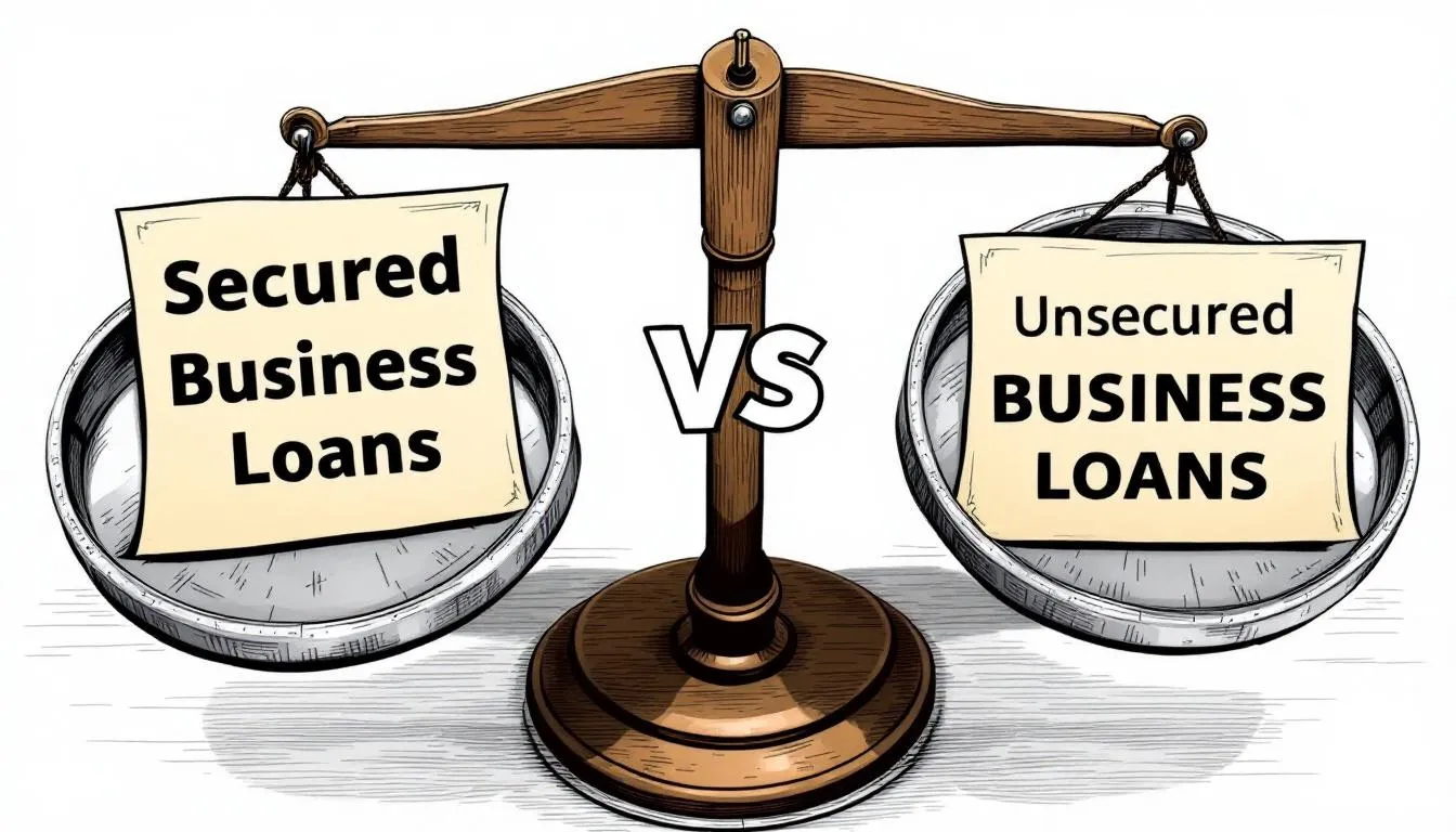 In the image, a balancing scale displays "Secured Business Loans" on the left, "VS" in the center, and "Unsecured Business Loans" on the right, visually comparing secured vs unsecured business loans. This representation highlights the differences between secured loans, which require collateral, and unsecured loans, which do not require a personal guarantee.