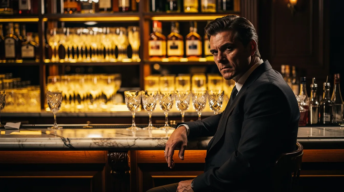 Ein Mann sitzt an einer eleganten Bar, umgeben von warm-goldener Beleuchtung und kristallklaren Gläsern im Hintergrund. Sein intensiver Blick wird durch das dramatische Seitenlicht betont, was eine geheimnisvolle Atmosphäre schafft, die an den Klassiker "The Shining" erinnert.
