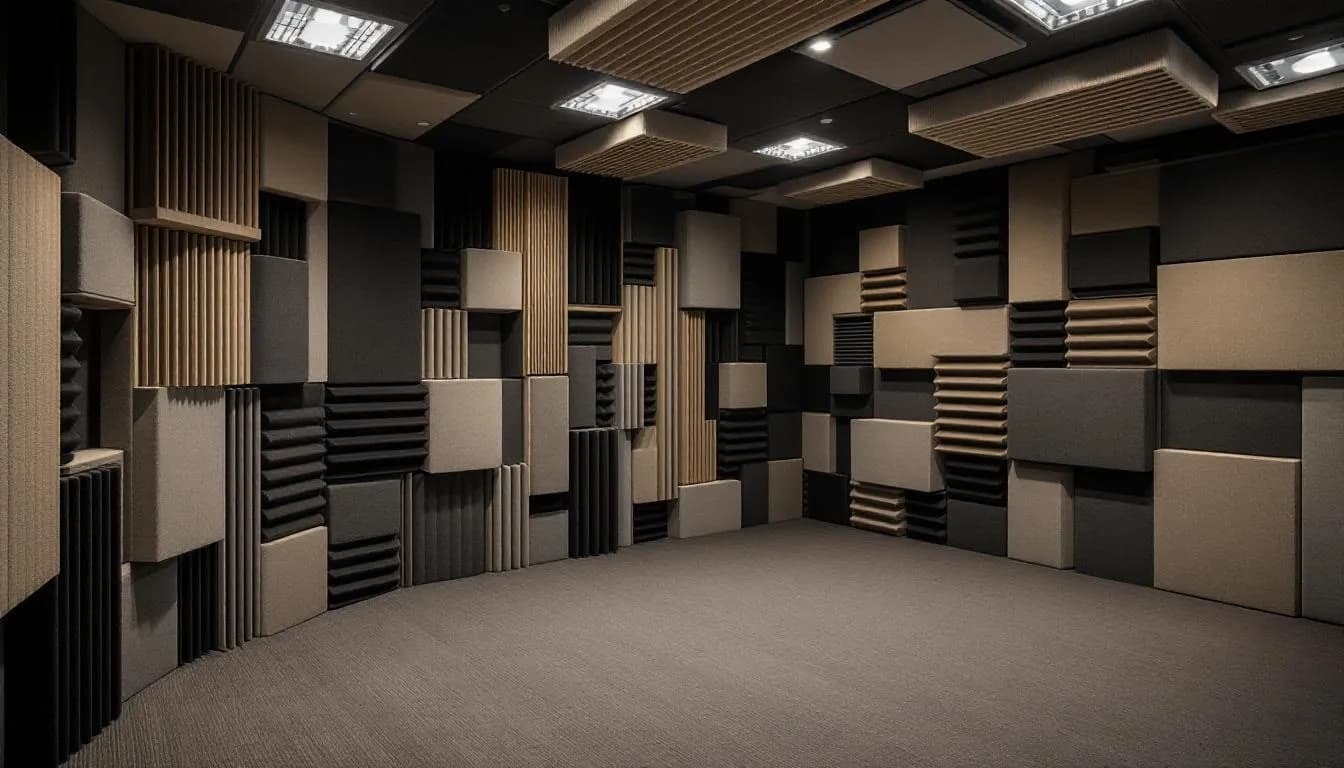 A professional recording studio is depicted, featuring acoustic treatment on the walls and high-quality monitor speakers strategically placed for optimal sound. This scene captures the essence of audio engineering, where musicians and producers work together to create and mix music with precision.