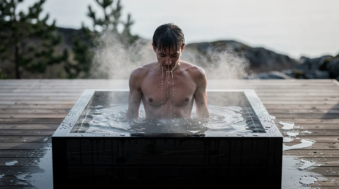 A person is emerging from an outdoor cold plunge tub, with steam rising from their body, highlighting the benefits of deliberate cold exposure for mental and physical health. This practice can enhance sleep quality, support brain health, and improve overall cognitive function.