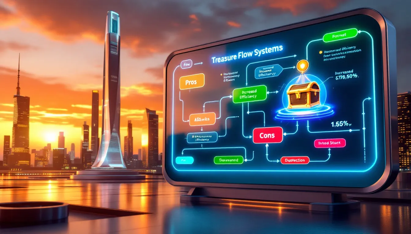 Pros and cons of using Treasure Flow Systems, visually summarized.