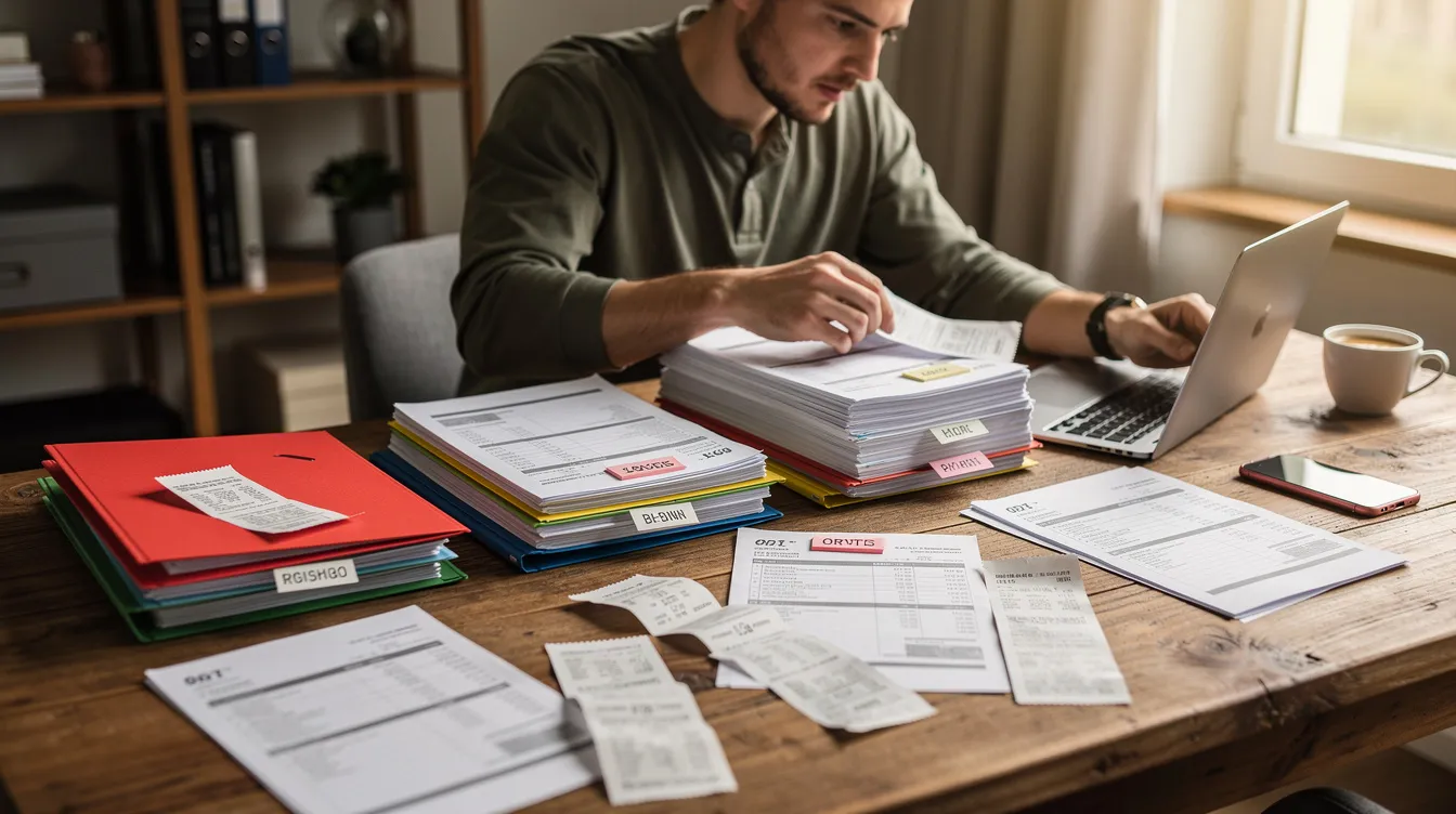 464d2750 85d3 4679 97c9 56f535a06847 The image depicts an entrepreneur meticulously organizing business documents and receipts on a wooden table, highlighting the importance of a satisfactory credit track record for securing loans from various financial institutions. This scene reflects the diligent efforts of small and micro enterprises in managing their financial assistance needs under initiatives like the Pradhan Mantri Mudra Yojana.
