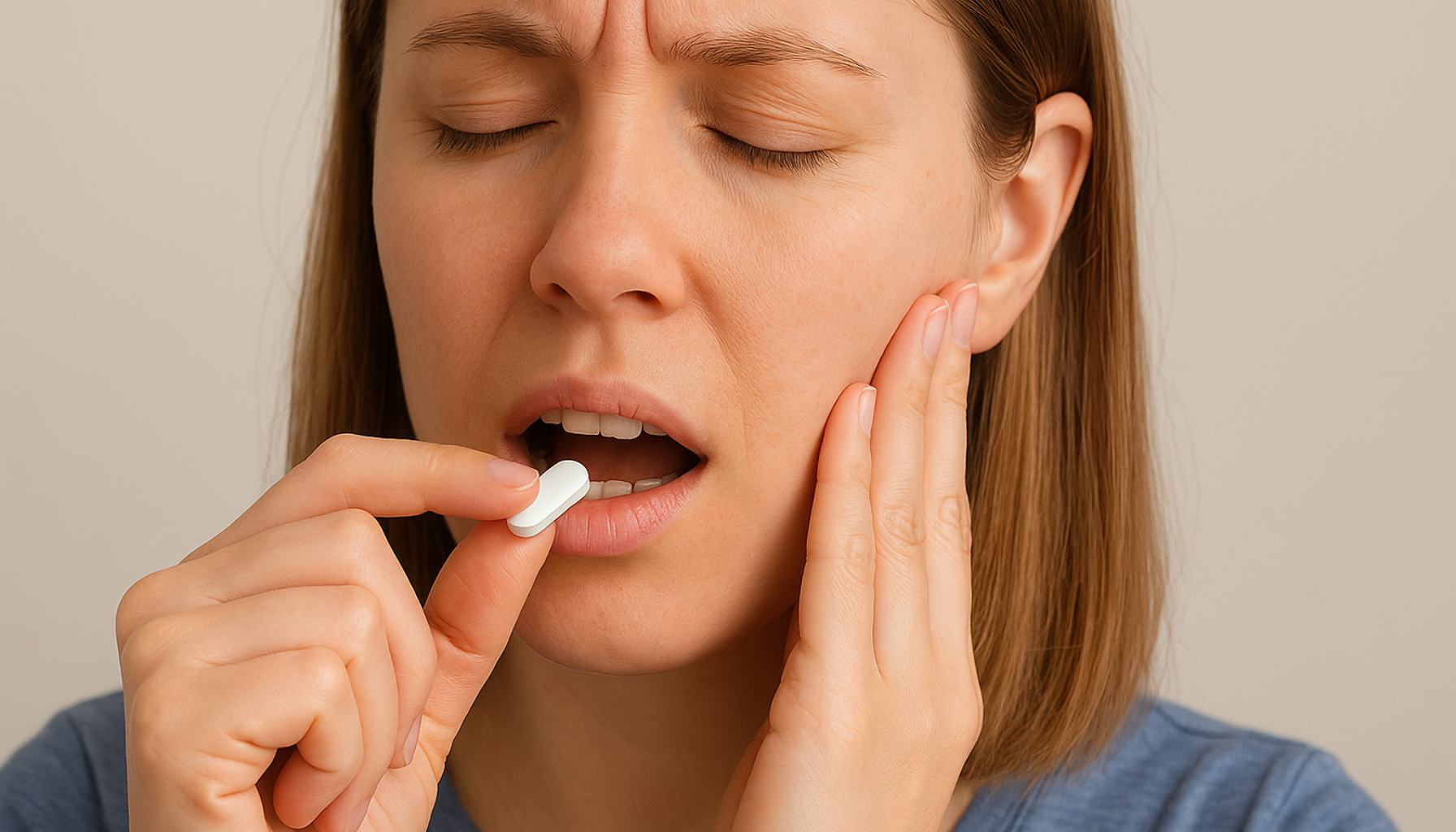 Kvinne med smerter i kjeven holder en hvit tablett og presser hånden mot kinnet etter tannbehandling.