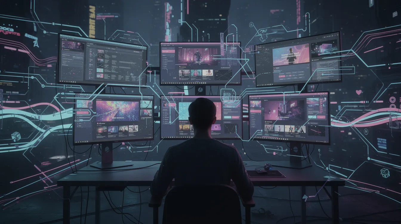 Die Illustration zeigt eine Person, die vor mehreren leuchtenden Bildschirmen sitzt, auf denen verschiedene Streaming-Oberflächen zu sehen sind. Umgeben von einem Netzwerk aus Schaltkreisen und fließenden Datenströmen, symbolisiert das Bild die moderne Technik und die digitale Welt, die in "Moderne Zeiten" von Charlie Chaplin thematisiert wird.