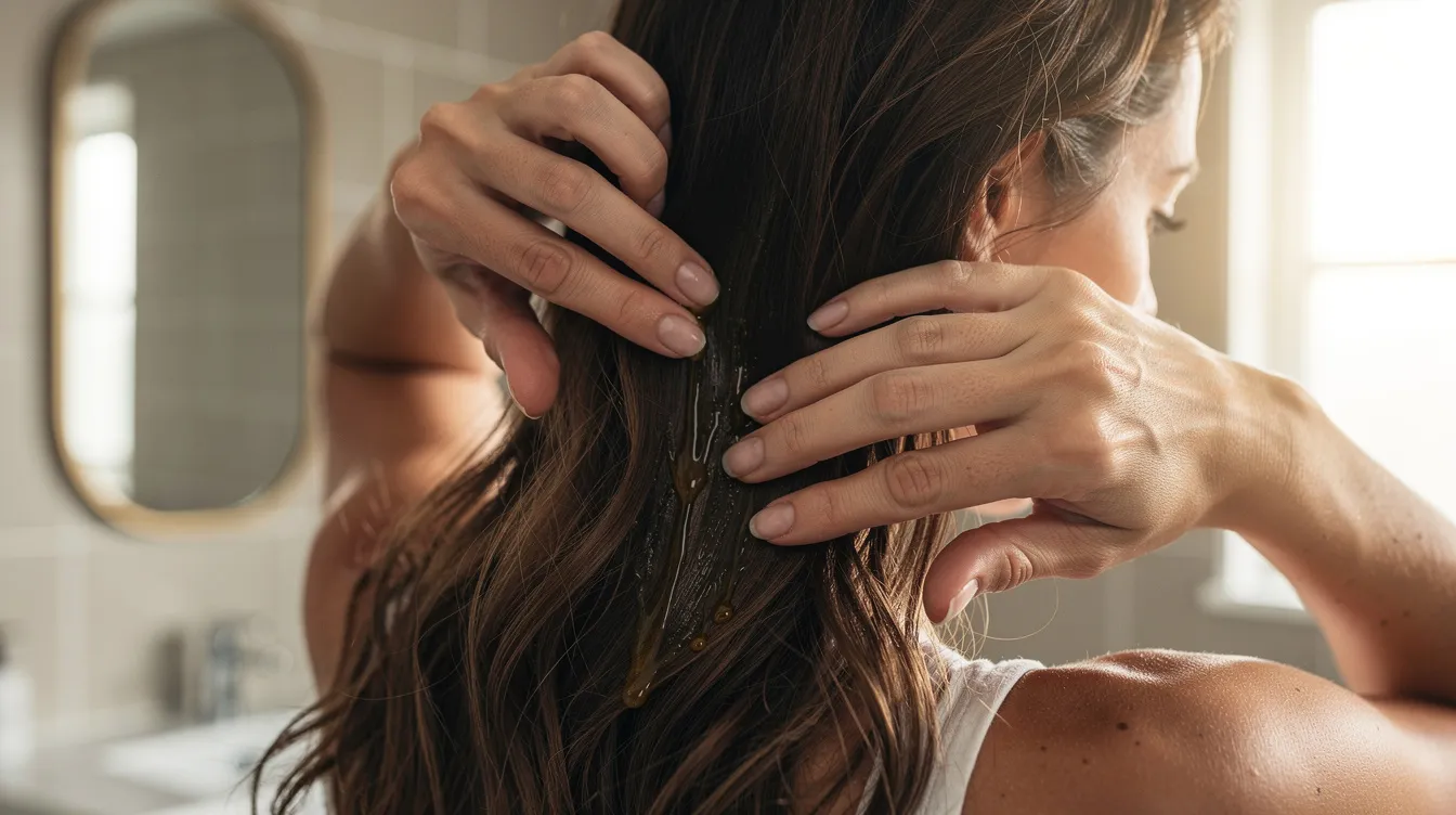 A person is applying macadamia natural oil to the ends of their long hair in a softly lit bathroom, focusing on moisturizing and smoothing out split ends. The oil gives the hair a shiny, healthy appearance while effectively combating dryness.