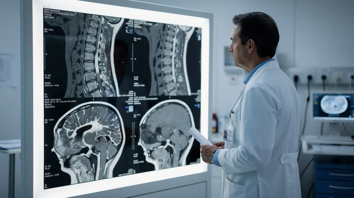 A doctor is examining an MRI scan of the spine, focusing on the spinal discs for signs of abnormalities such as disc herniation or disc extrusion. The image highlights the spinal canal and the surrounding structures, emphasizing the importance of diagnosing conditions that may lead to back or neck pain.