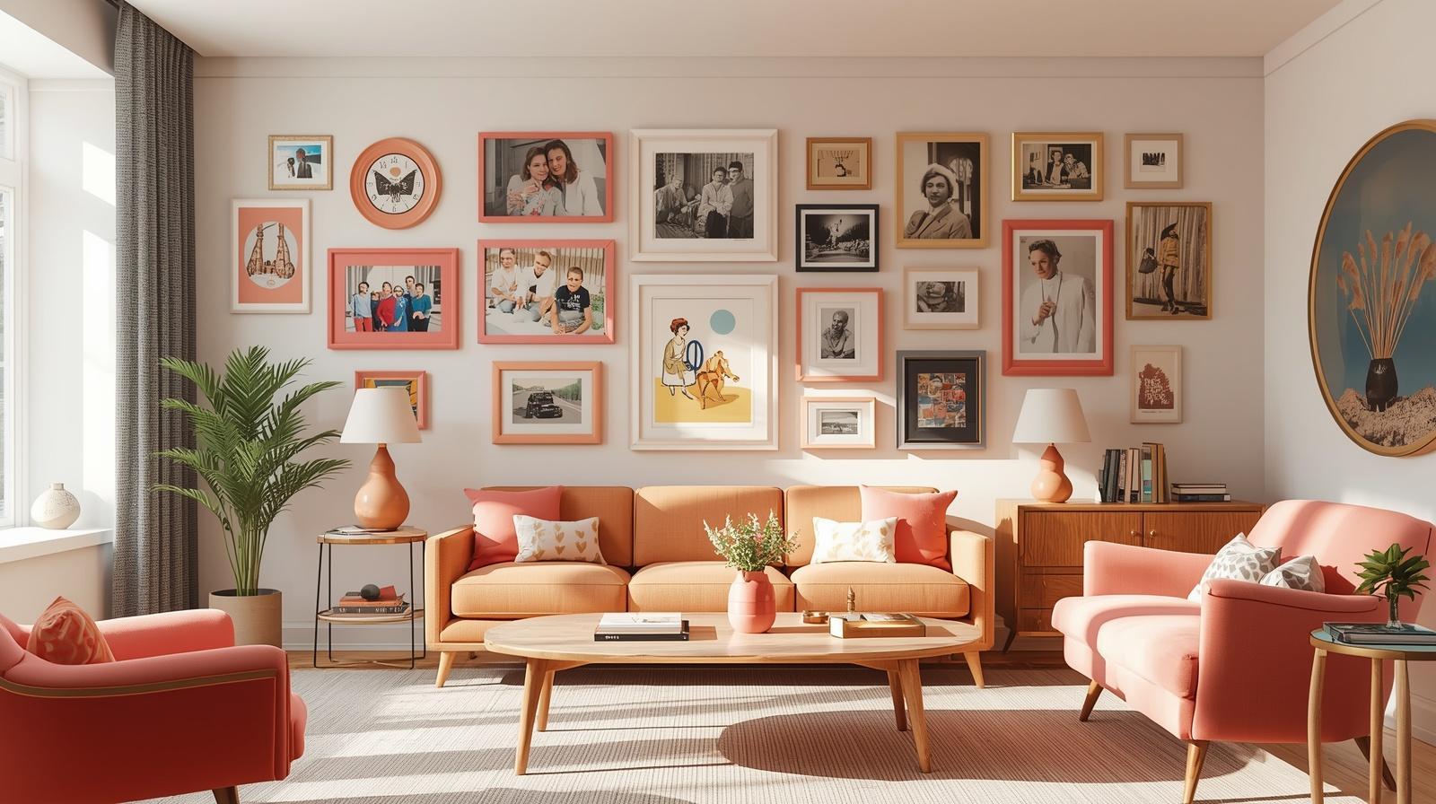 Artsy family wall photo collages with salmon pink frames