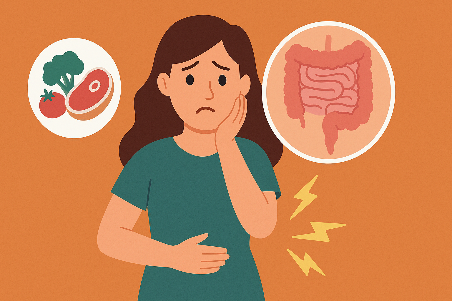 En kvinne med bekymret uttrykk holder magen, med symboler for mat og tarm ved siden av, som illustrerer malabsorpsjon.