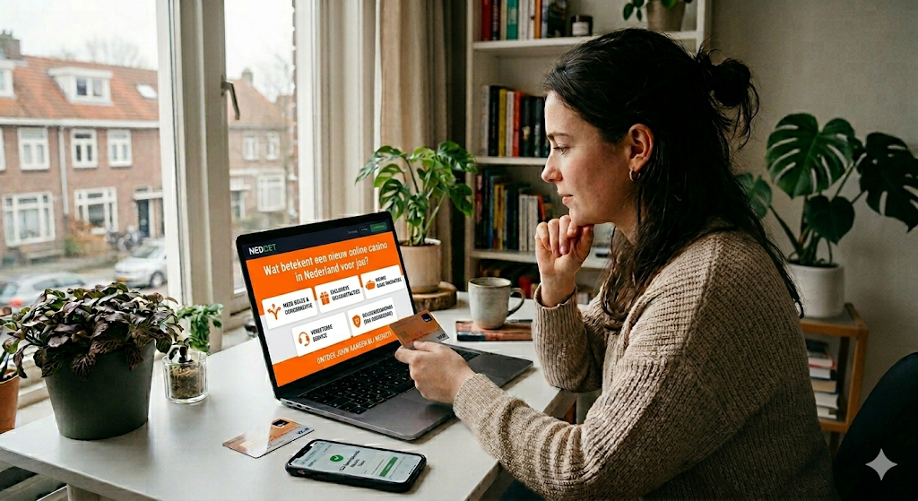 Speler die een nieuw online casino in Nederland onderzoekt op een laptop, met informatie over KSA-vergunning, registratie, welkomstbonussen en verschillen tussen legale casino’s en casino’s zonder CRUKS.
