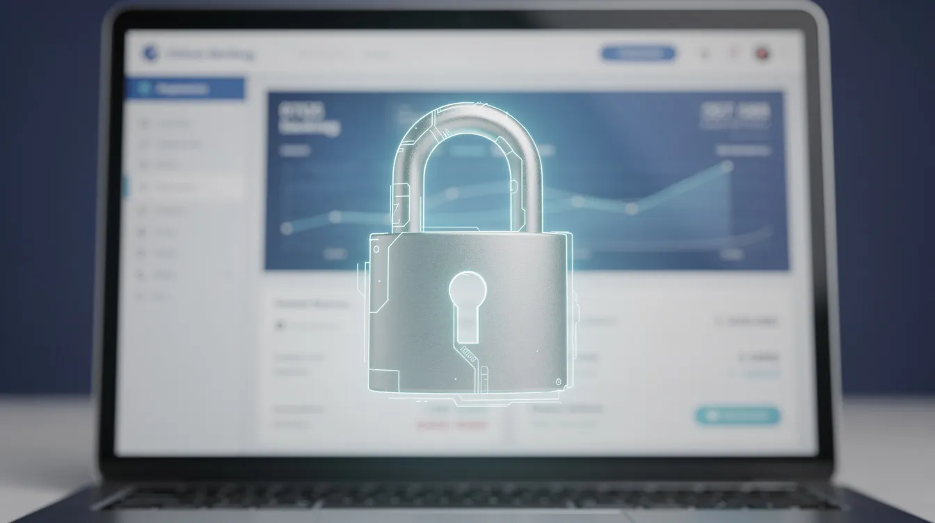 The image features a padlock icon prominently displayed over a digital banking interface, symbolizing secure online banking transactions. This interface likely includes options for money transfers, sending funds, and managing bank accounts, reflecting services such as Bandhan Bank's international money transfer.