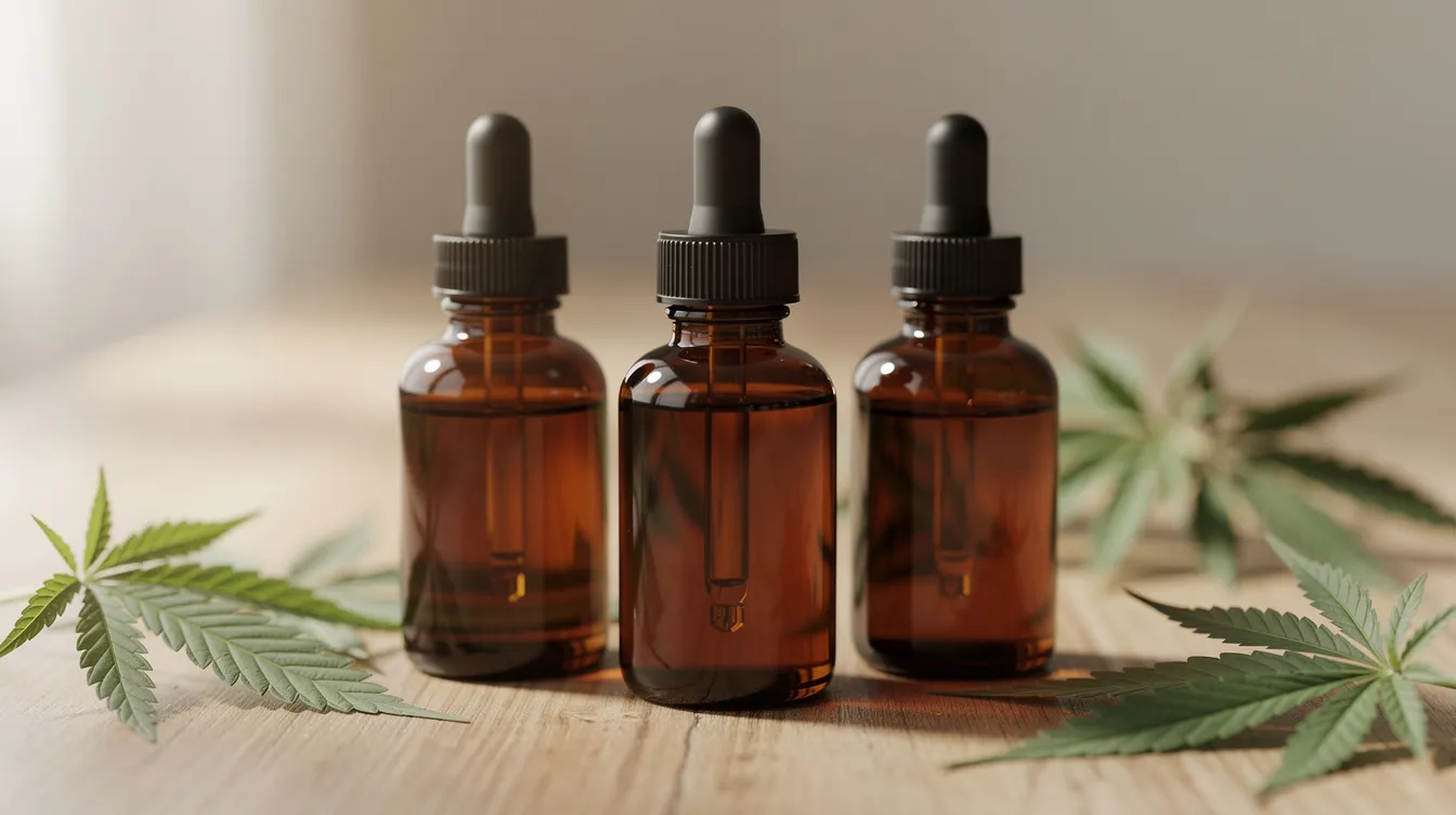 Three dark glass cbd tincture bottles are neatly arranged on a natural wooden surface, accompanied by fresh hemp leaves, emphasizing the natural origins of these herbal extracts. The setting suggests a focus on health benefits and precise dosing of cbd products derived from the cannabis plant.