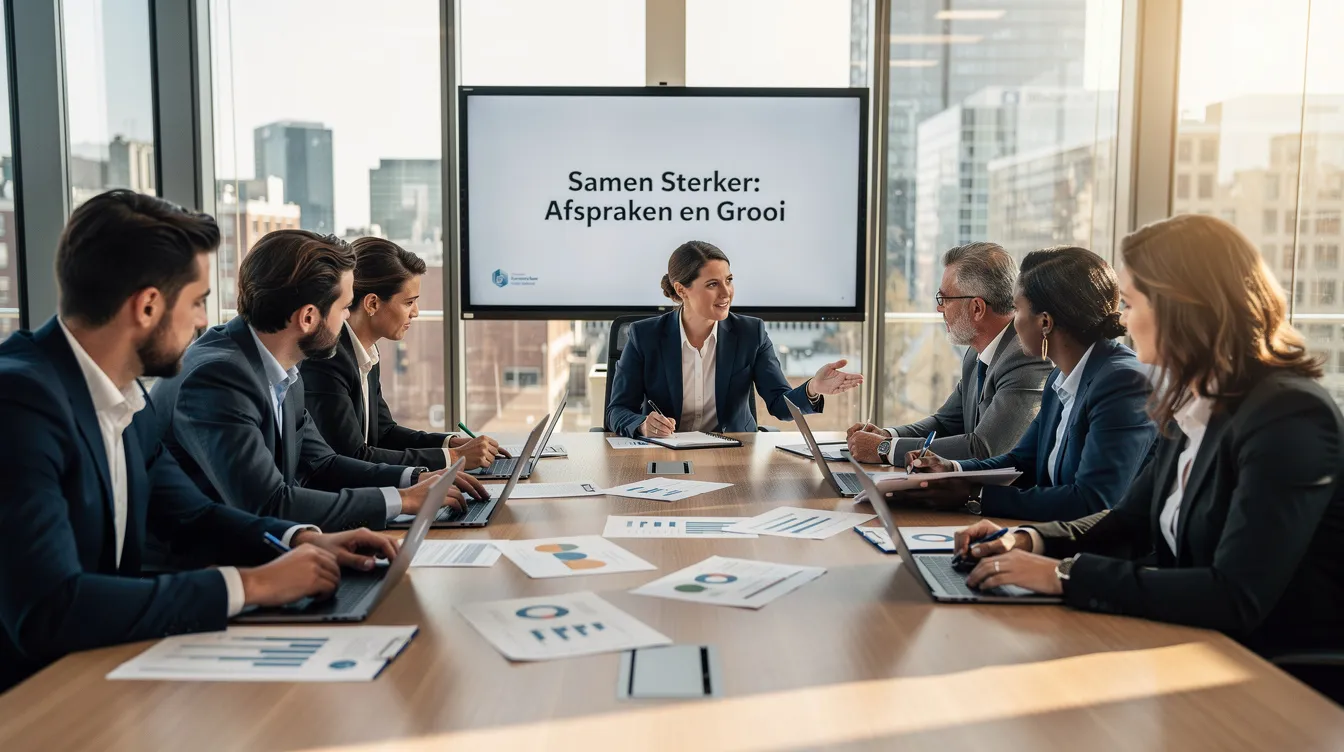 Een groep ondernemers zit rond een tafel tijdens een vergadering en maakt onderlinge afspraken over hun vennootschap onder firma (vof). Ze bespreken belangrijke onderwerpen zoals aansprakelijkheid, administratieve verplichtingen en de oprichting van hun firma.