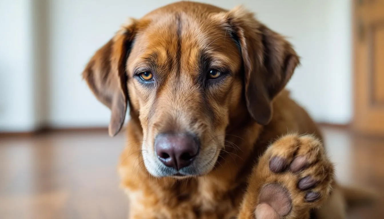 A dog is seen pawing at its face, indicating discomfort and irritation in its eyes, likely due to dog eye allergies or an allergic reaction. The dog