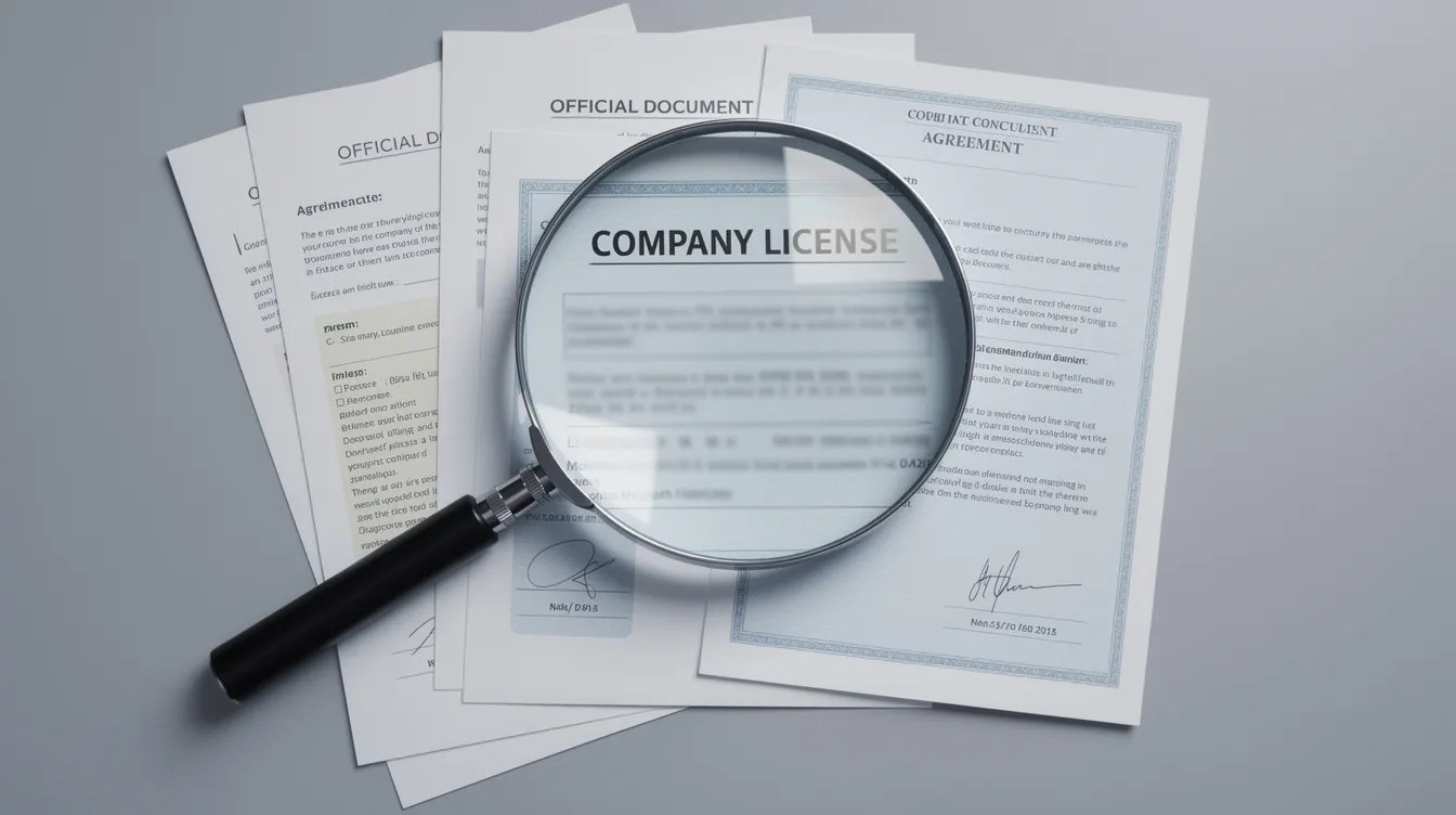 The image features a magnifying glass positioned above a stack of official documents and a company license, symbolizing a detailed examination of financial matters. This visual conveys the importance of scrutinizing financial documents, such as those related to 二線 財務 公司 and 清 數 貸款.