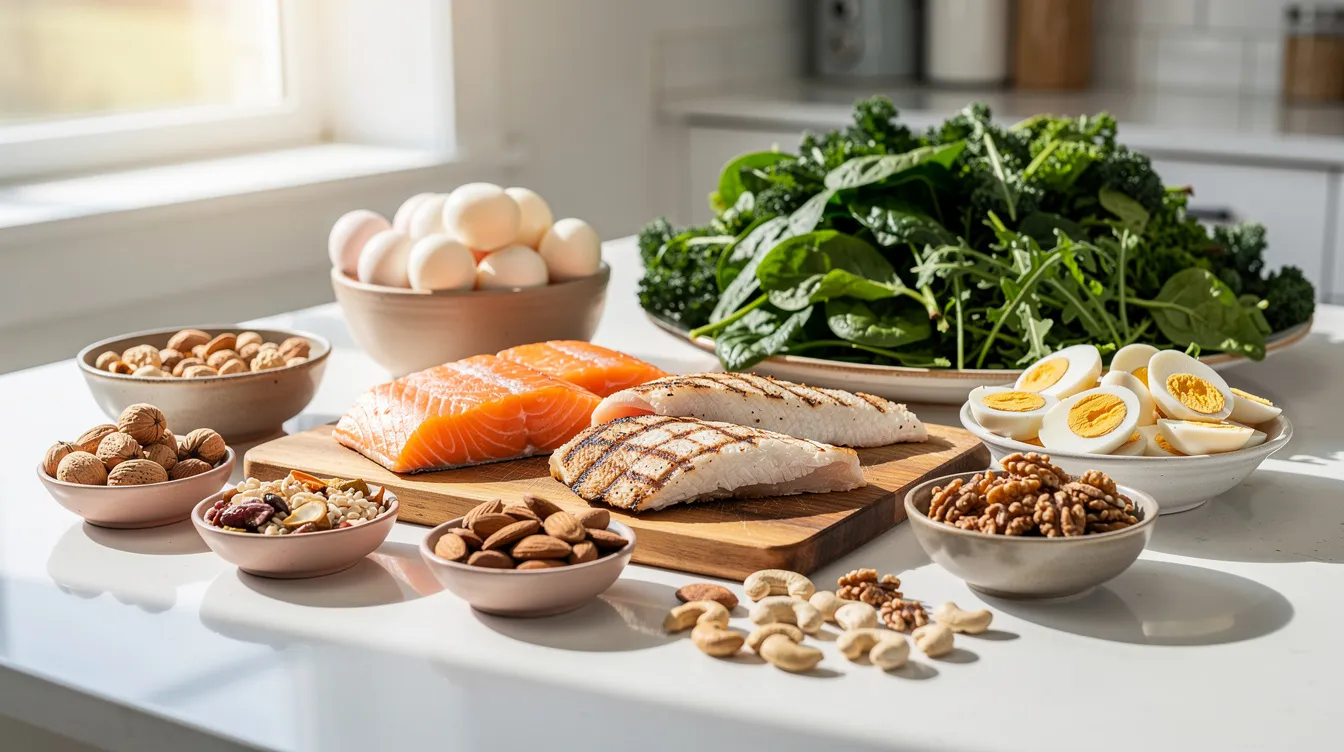 The image showcases a vibrant kitchen counter filled with an array of healthy high-protein foods, including eggs, fish, nuts, and leafy greens, emphasizing the importance of nutrition for overall health and potentially supporting testosterone production. This colorful spread highlights the role of dietary choices in enhancing energy, boosting athletic performance, and reducing belly fat.