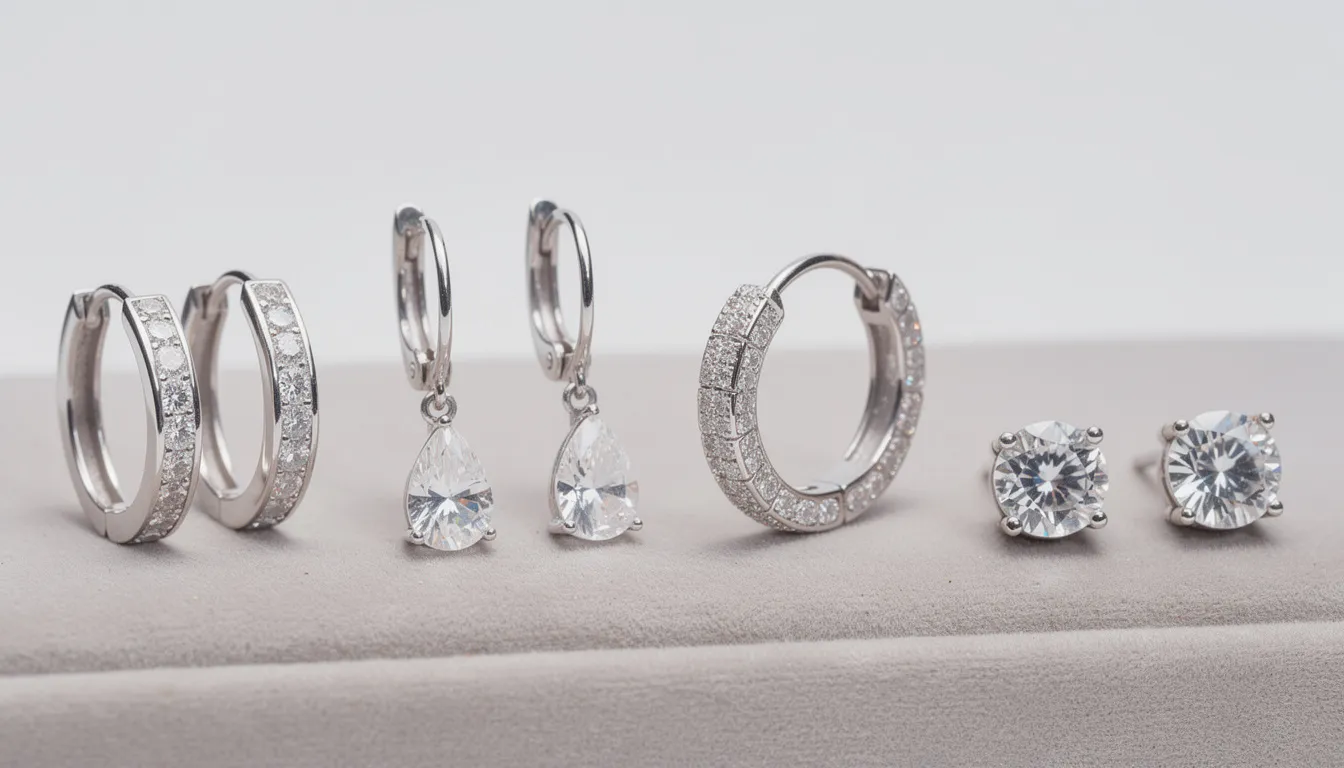 The image showcases a stunning collection of cubic zirconia earrings, featuring various styles such as hoop, drop, huggie, and classic stud earrings. Each pair is designed to reflect light beautifully, enhancing their sparkle and making them a versatile addition to any jewellery collection.