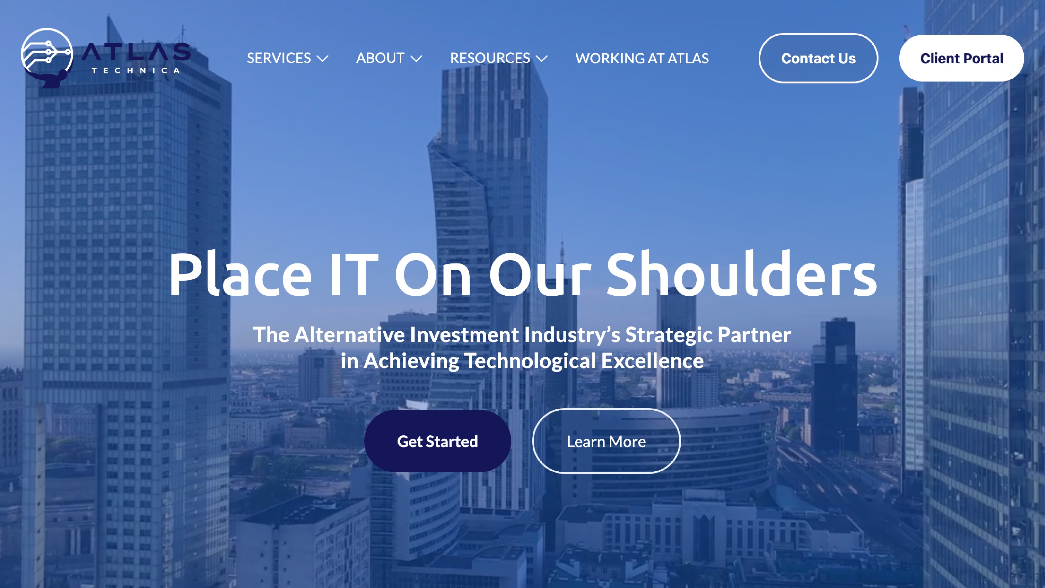 Atlas Technica’s website homepage features a modern blue overlay on a cityscape background with bold text: “Place IT On Our Shoulders.” CTA buttons read “Get Started” and “Learn More.” Navigation menus include Services, Resources, and Client Portal. The image reflects MSP website design best practices by leading with a strong value proposition and offering immediate access points for client engagement.