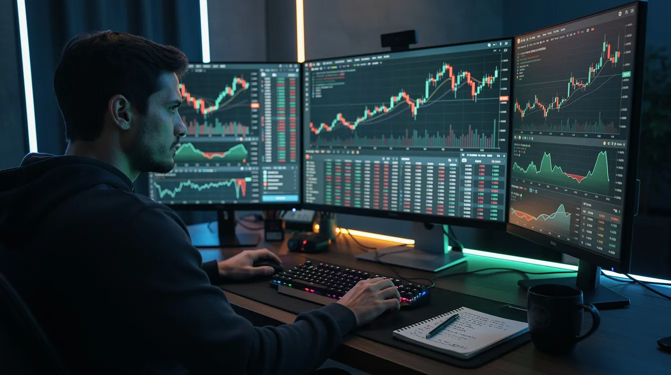A focused trader is analyzing cryptocurrency charts displayed on multiple computer monitors, assessing market conditions and trading volume in real time. The screens show various metrics such as market cap, price trends, and circulating supply, essential for making informed investment decisions in the cryptocurrency space.