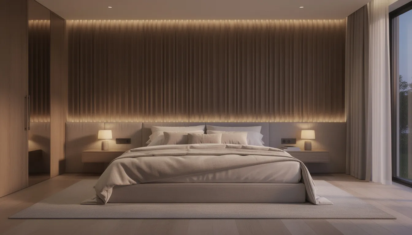 Een luxe slaapkamer met een houten lattenwand achter een groot bed, verlicht door warme sfeerverlichting. De akoestische wandpanelen dragen bij aan een rustige omgeving en een prachtige uitstraling van de kamer.