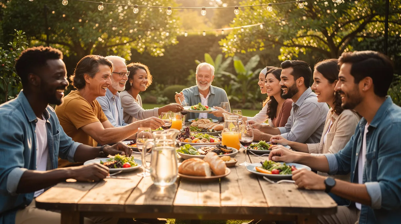 The image depicts a diverse group of people joyfully sharing a meal around a long wooden table set outdoors, reflecting a rich tapestry of cultures and traditions. This gathering symbolizes the communal aspect of human nature and the importance of fellowship, reminiscent of biblical authors' emphasis on community in both Hebrew and Greek thought.